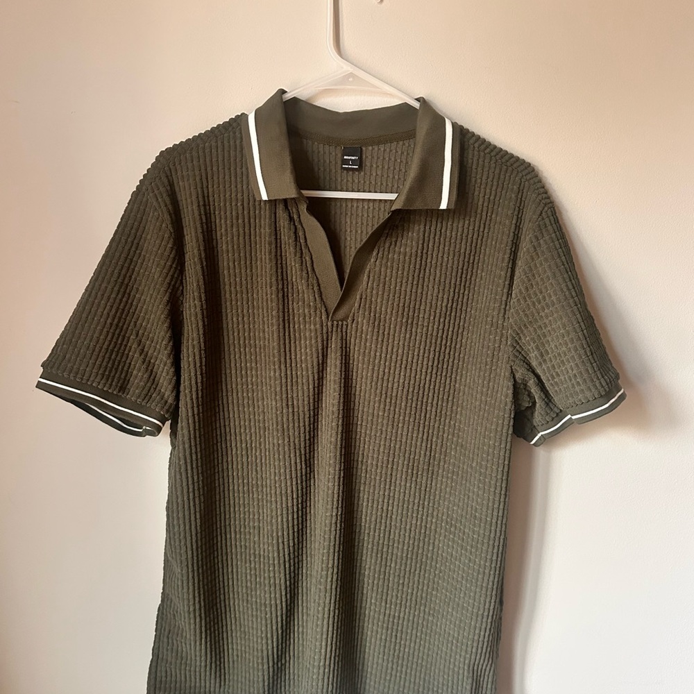 Textured Olive Polo Shirt with White Trim